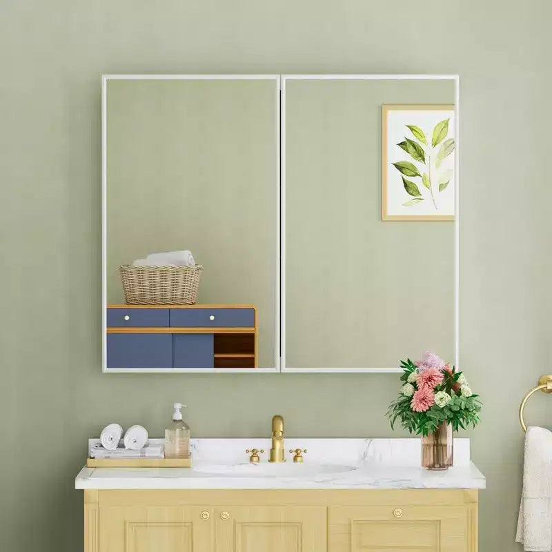 Elise Medicine Cabinet with Mirror, Surface or Recessed Bathroom Medicine Cabinet, Adjustable Tempered Glass Shelves, Reversible