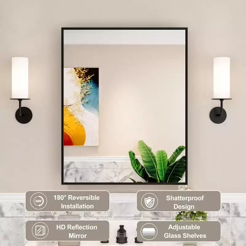 Elise Medicine Cabinet with Mirror, Surface or Recessed Bathroom Medicine Cabinet, Adjustable Tempered Glass Shelves, Reversible