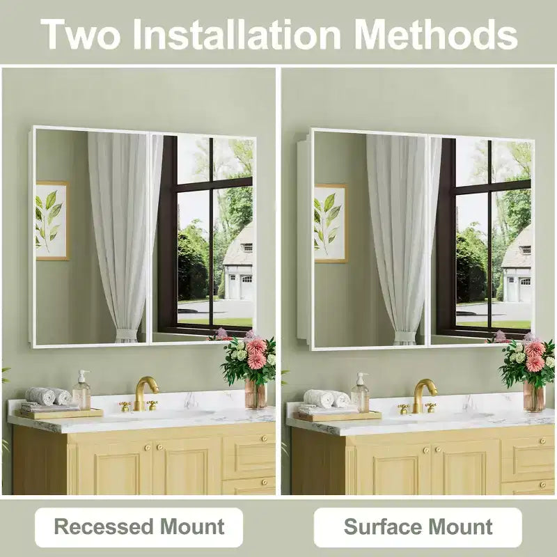 Elise Medicine Cabinet with Mirror, Surface or Recessed Bathroom Medicine Cabinet, Adjustable Tempered Glass Shelves, Reversible