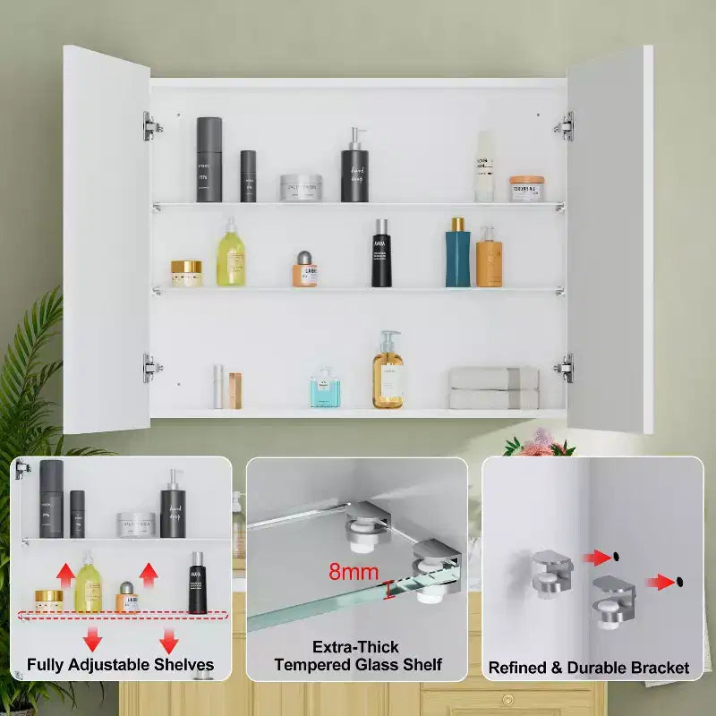 Elise Medicine Cabinet with Mirror, Surface or Recessed Bathroom Medicine Cabinet, Adjustable Tempered Glass Shelves, Reversible