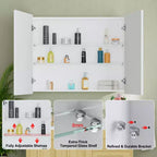 Elise Medicine Cabinet with Mirror, Surface or Recessed Bathroom Medicine Cabinet, Adjustable Tempered Glass Shelves, Reversible