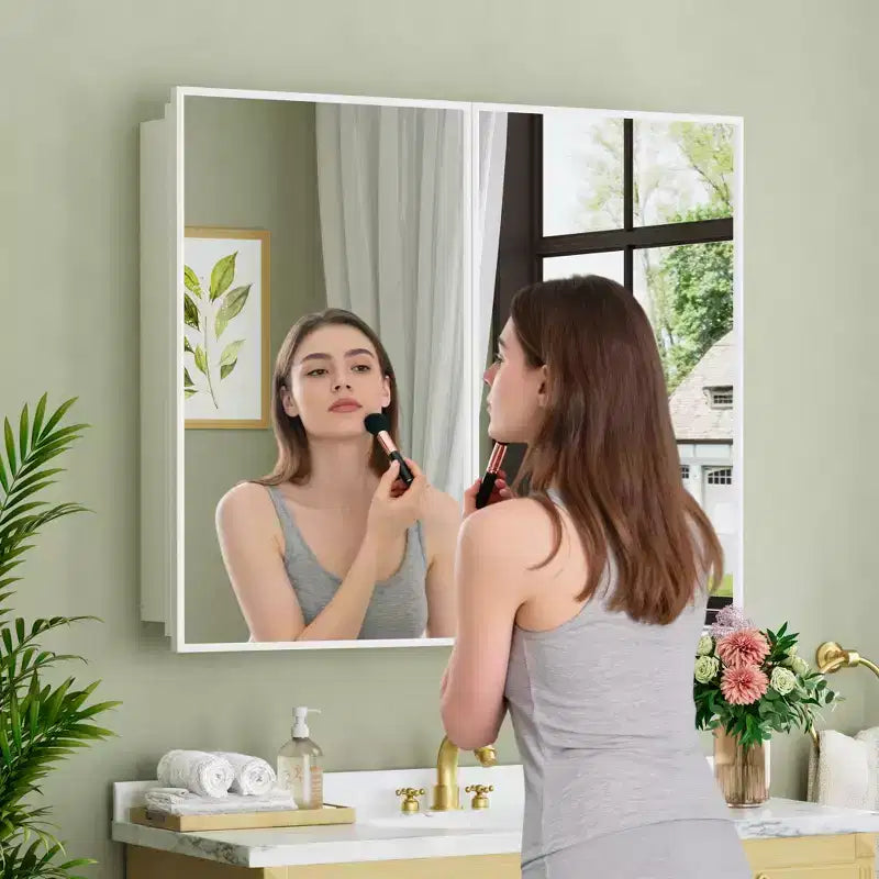 Elise Medicine Cabinet with Mirror, Surface or Recessed Bathroom Medicine Cabinet, Adjustable Tempered Glass Shelves, Reversible