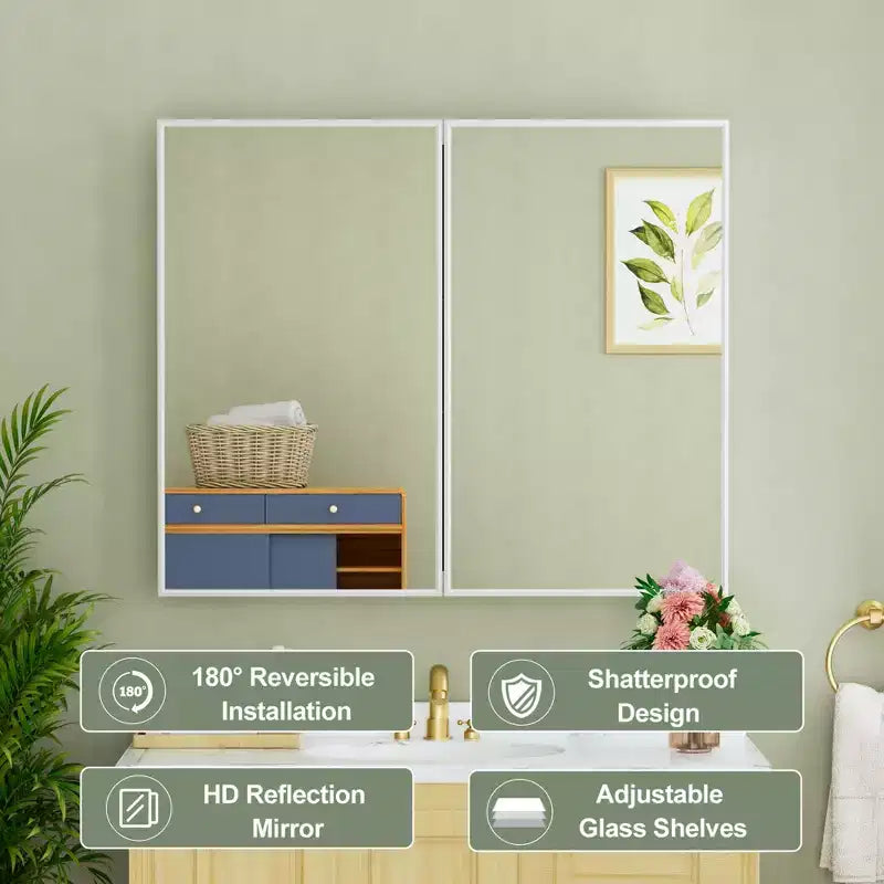Elise Medicine Cabinet with Mirror, Surface or Recessed Bathroom Medicine Cabinet, Adjustable Tempered Glass Shelves, Reversible