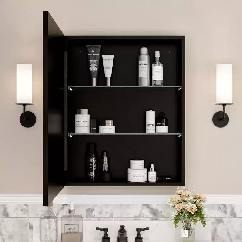 Elise Medicine Cabinet with Mirror, Surface or Recessed Bathroom Medicine Cabinet, Adjustable Tempered Glass Shelves, Reversible