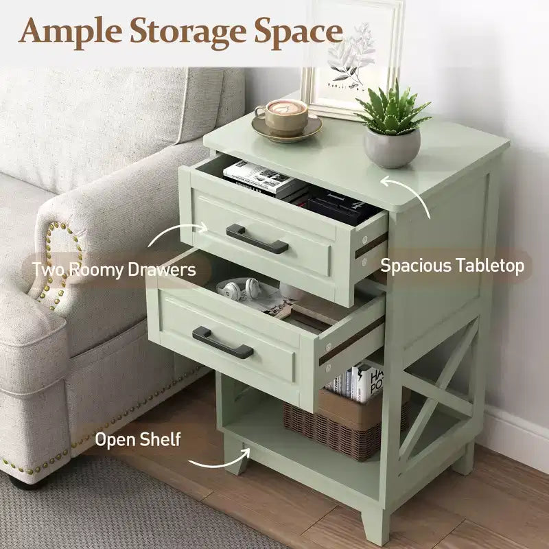 Tall Nightstand with 2 Drawers and Open Shelf Below