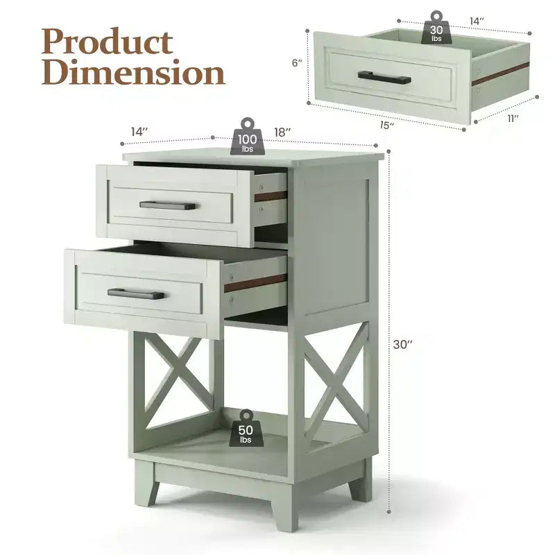 Tall Nightstand with 2 Drawers and Open Shelf Below