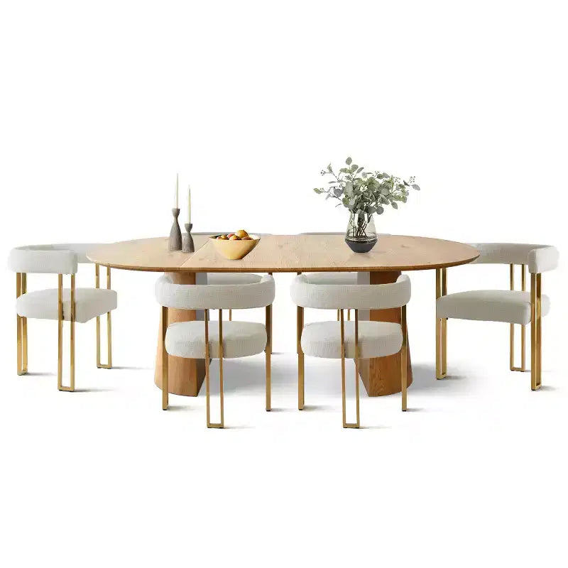 3-in-1 Oval Extendable Dining Table Set with 6 Chenille Upholstered Chairs Featuring Gold Metal Legs, Versatile Dining Furniture-Panipeachy