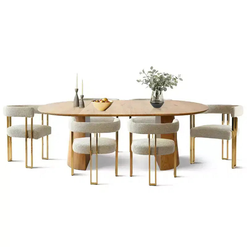 3-in-1 Oval Extendable Dining Table Set with 6 Chenille Upholstered Chairs Featuring Gold Metal Legs, Versatile Dining Furniture-Panipeachy