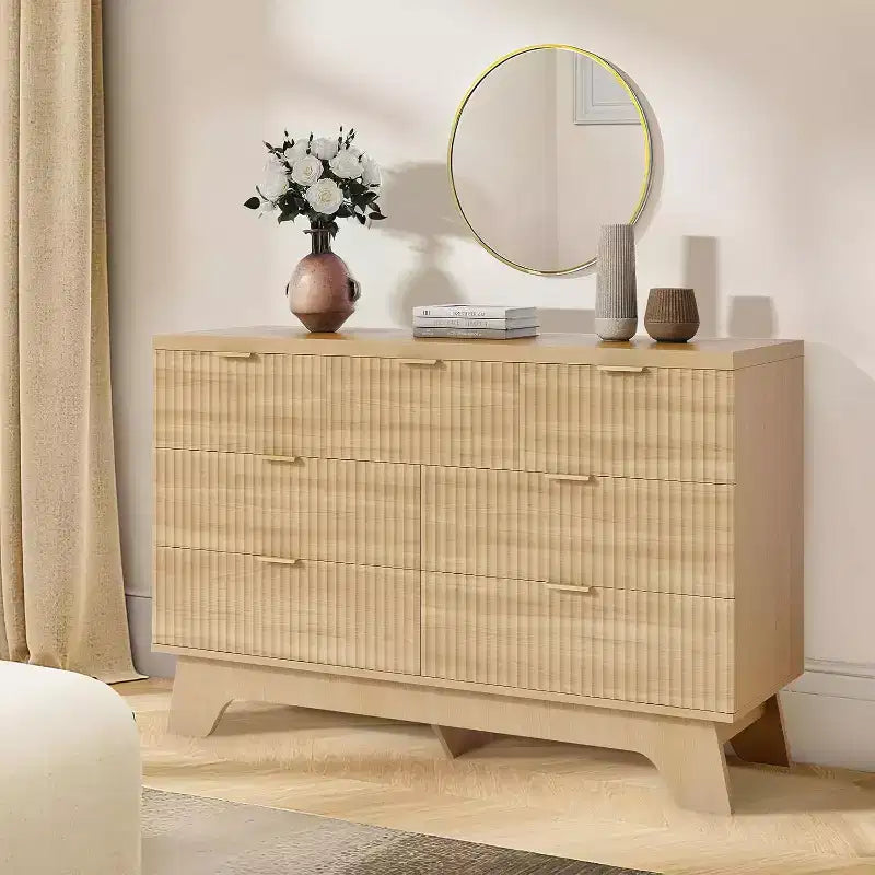 7 Drawer Dresser for Bedroom,Mid Century Modern Dresser, Fluted Dressers Chest of Drawers,TV Stand,Storage Organizer for Living Room,Hallway,Entryway