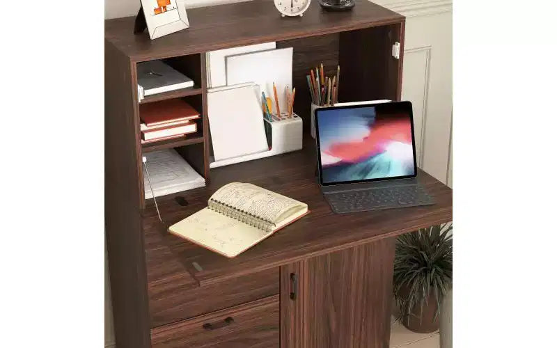 JVNOXK 31-inch desk cabinet with storage drawers and shelves, featuring a foldable tabletopperfect for dorm rooms and compact spaces. Walnut
