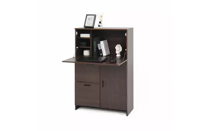 JVNOXK 31-inch desk cabinet with storage drawers and shelves, featuring a foldable tabletopperfect for dorm rooms and compact spaces. Walnut