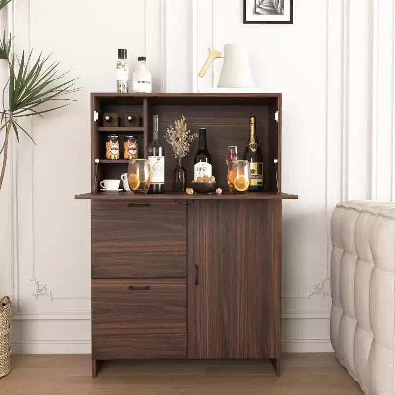 JVNOXK 31-inch desk cabinet with storage drawers and shelves, featuring a foldable tabletopperfect for dorm rooms and compact spaces. Walnut