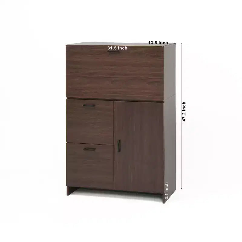 JVNOXK 31-inch desk cabinet with storage drawers and shelves, featuring a foldable tabletopperfect for dorm rooms and compact spaces. Walnut