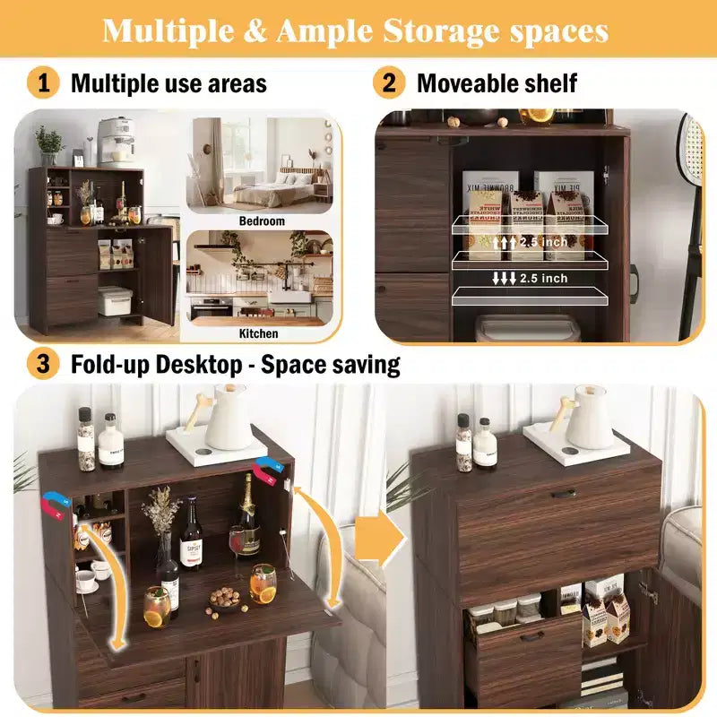 JVNOXK 31-inch desk cabinet with storage drawers and shelves, featuring a foldable tabletopperfect for dorm rooms and compact spaces. Walnut