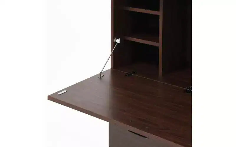 JVNOXK 31-inch desk cabinet with storage drawers and shelves, featuring a foldable tabletopperfect for dorm rooms and compact spaces. Walnut