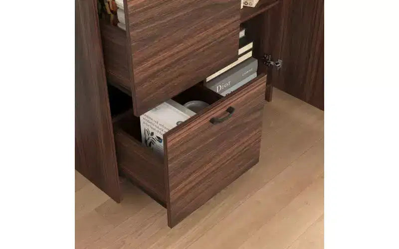 JVNOXK 31-inch desk cabinet with storage drawers and shelves, featuring a foldable tabletopperfect for dorm rooms and compact spaces. Walnut