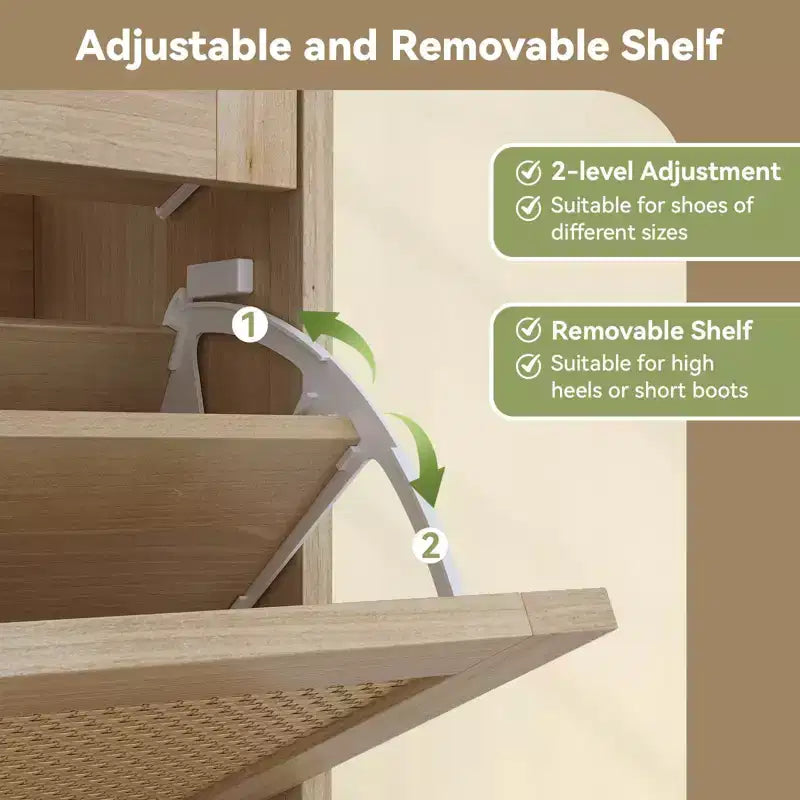 Shoe Cabinet, Farmhouse Narrow Entryway Organizer with 4 Flip-Down & 2 Standard Drawers, Rattan Doors