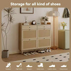 Shoe Cabinet, Farmhouse Narrow Entryway Organizer with 4 Flip-Down & 2 Standard Drawers, Rattan Doors