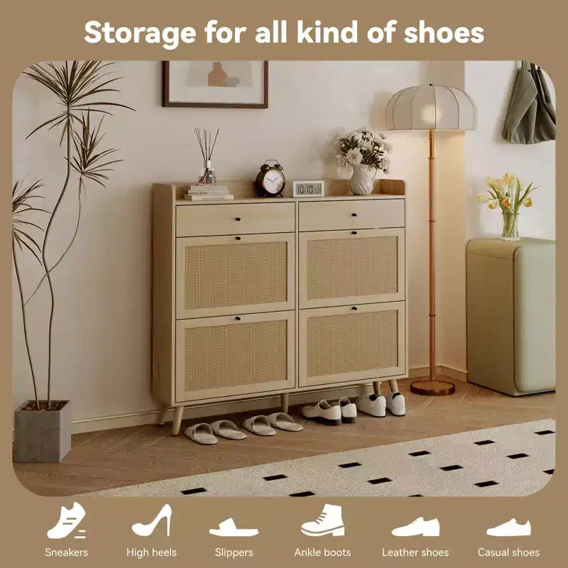 Shoe Cabinet, Farmhouse Narrow Entryway Organizer with 4 Flip-Down & 2 Standard Drawers, Rattan Doors