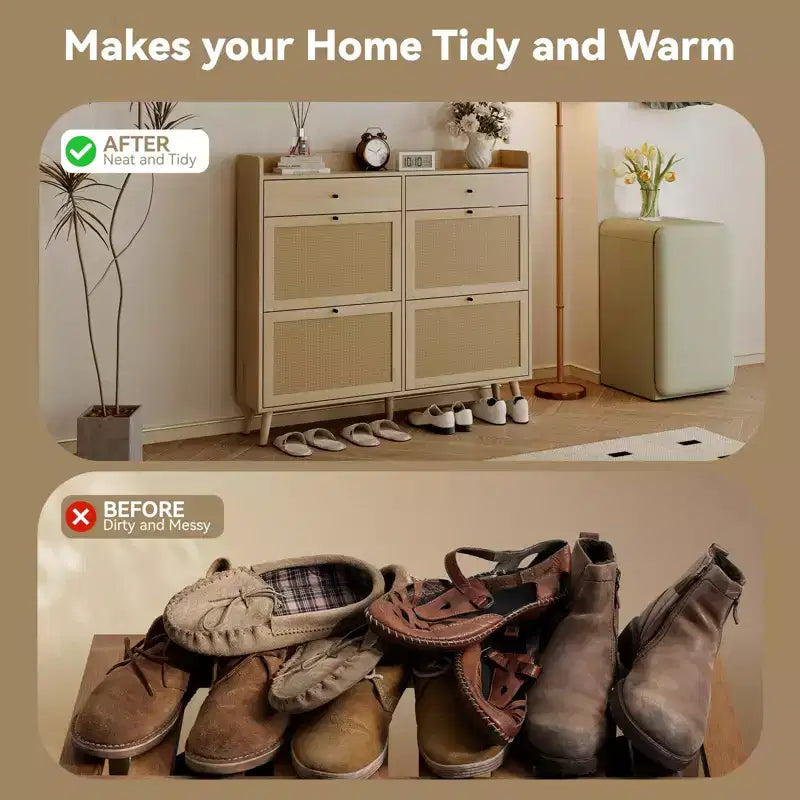 Shoe Cabinet, Farmhouse Narrow Entryway Organizer with 4 Flip-Down & 2 Standard Drawers, Rattan Doors