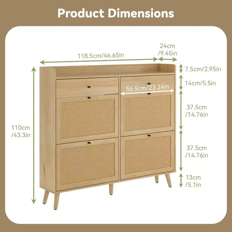 Shoe Cabinet, Farmhouse Narrow Entryway Organizer with 4 Flip-Down & 2 Standard Drawers, Rattan Doors