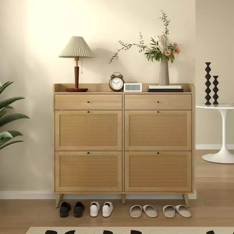Shoe Cabinet, Farmhouse Narrow Entryway Organizer with 4 Flip-Down & 2 Standard Drawers, Rattan Doors