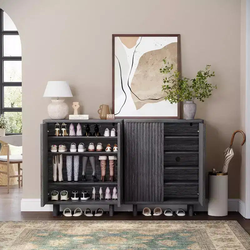 31.6 Fluted Shoe Cabinet with Curved Edges, 5-Tier Entryway Storage Organizer with Adjustable Shelves