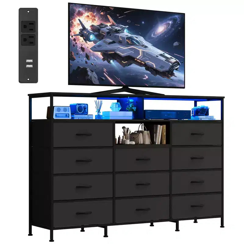 COZONY 55 TV Stand Fabric Dresser with 11 Drawers & Open Shelves, Storage Chest Organizer for Bedroom Living Room