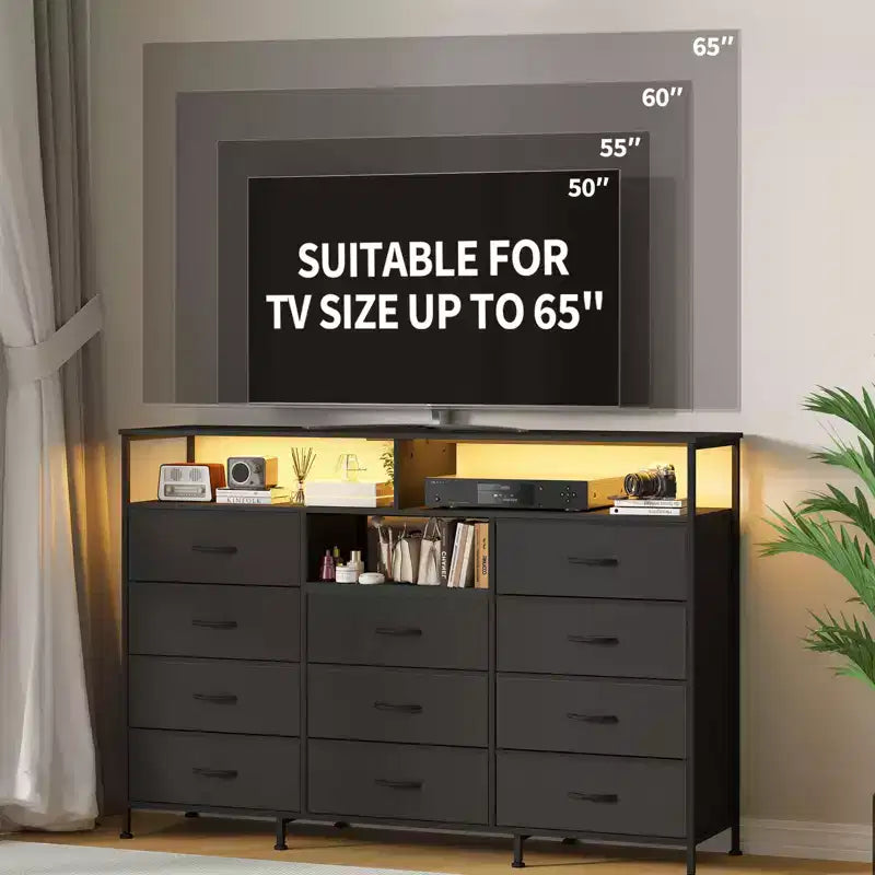 COZONY 55 TV Stand Fabric Dresser with 11 Drawers & Open Shelves, Storage Chest Organizer for Bedroom Living Room