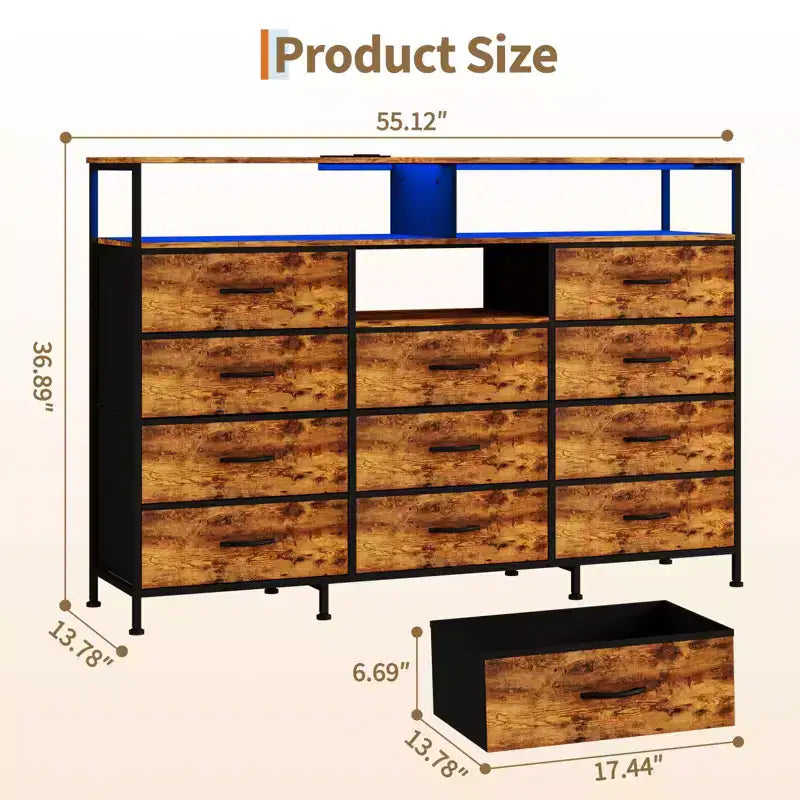 COZONY 55 TV Stand Fabric Dresser with 11 Drawers & Open Shelves, Storage Chest Organizer for Bedroom Living Room
