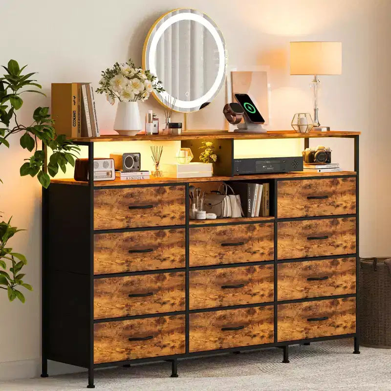 COZONY 55 TV Stand Fabric Dresser with 11 Drawers & Open Shelves, Storage Chest Organizer for Bedroom Living Room