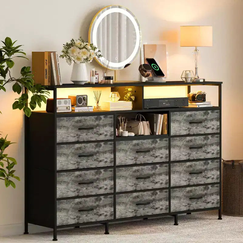 COZONY 55 TV Stand Fabric Dresser with 11 Drawers & Open Shelves, Storage Chest Organizer for Bedroom Living Room