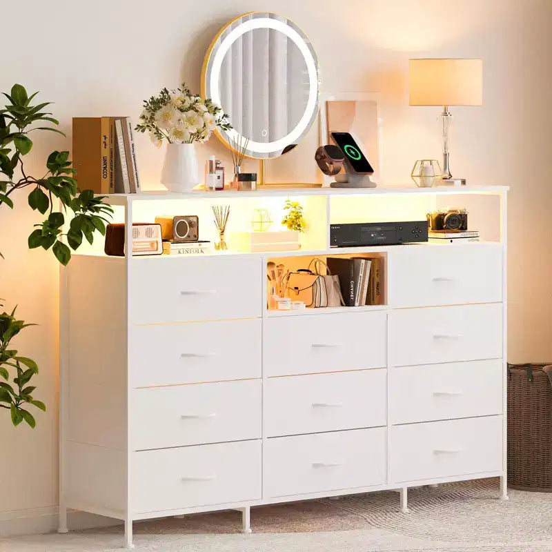 COZONY 55 TV Stand Fabric Dresser with 11 Drawers & Open Shelves, Storage Chest Organizer for Bedroom Living Room