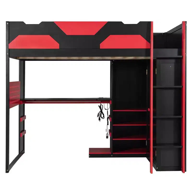 Luxystar Full Size Wood Loft Bed with Adjustable Desk, Wardrobe, Shelves & Pegboard