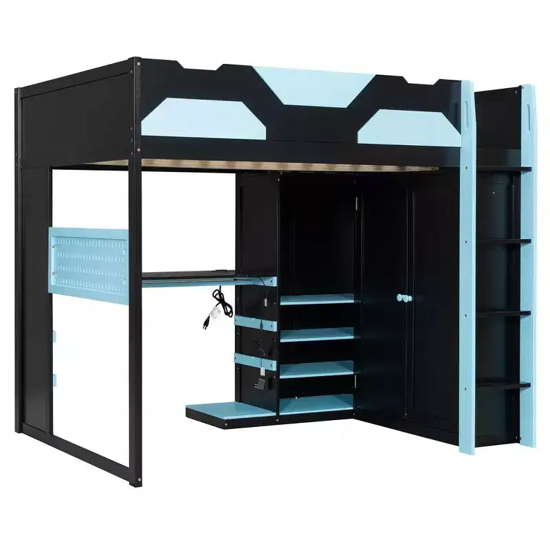 Luxystar Full Size Wood Loft Bed with Adjustable Desk, Wardrobe, Shelves & Pegboard
