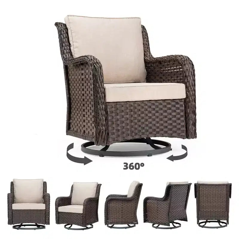 3 Piece Outdoor Bistro Set - All-Weather Wicker Swivel Rocker Chairs with Cushions - Tempered Glass Side Table - Perfect for Garden, Porch, Deck
