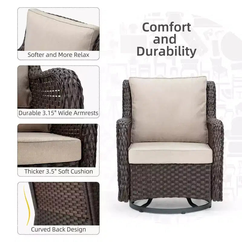 3 Piece Outdoor Bistro Set - All-Weather Wicker Swivel Rocker Chairs with Cushions - Tempered Glass Side Table - Perfect for Garden, Porch, Deck