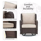 3 Piece Outdoor Bistro Set - All-Weather Wicker Swivel Rocker Chairs with Cushions - Tempered Glass Side Table - Perfect for Garden, Porch, Deck