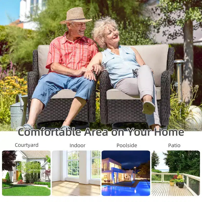 3 Piece Outdoor Bistro Set - All-Weather Wicker Swivel Rocker Chairs with Cushions - Tempered Glass Side Table - Perfect for Garden, Porch, Deck