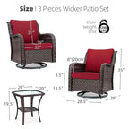 3 Piece Outdoor Bistro Set - All-Weather Wicker Swivel Rocker Chairs with Cushions - Tempered Glass Side Table - Perfect for Garden, Porch, Deck
