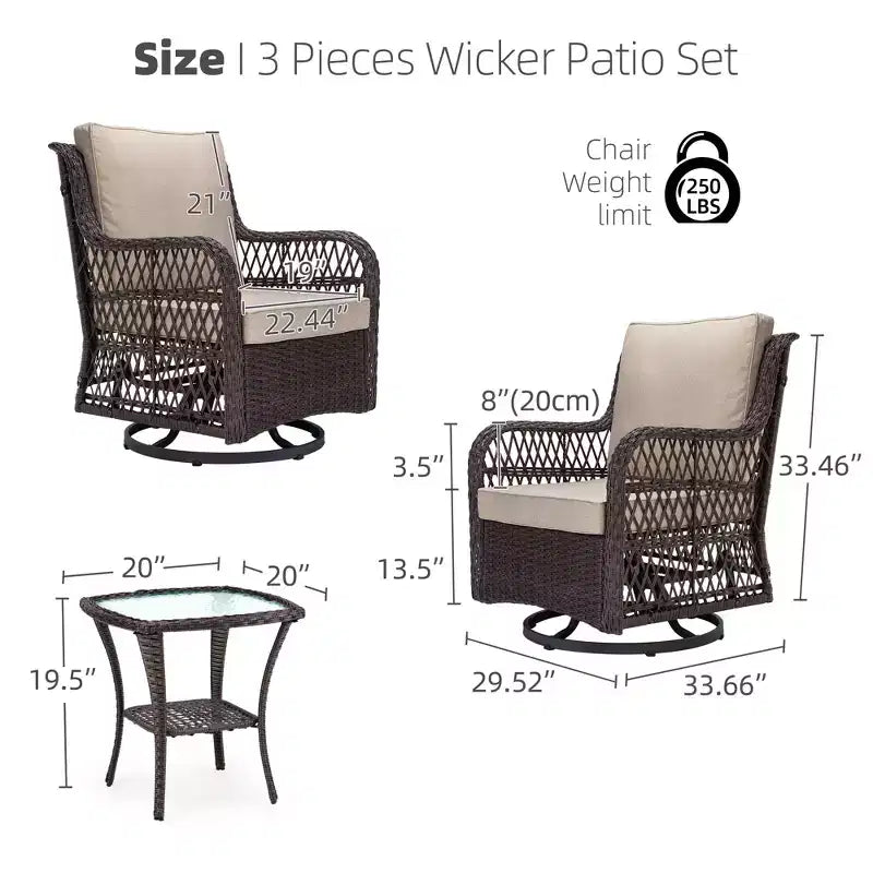 3 Piece Outdoor Bistro Set - All-Weather Wicker Swivel Rocker Chairs with Cushions - Tempered Glass Side Table - Perfect for Garden, Porch, Deck