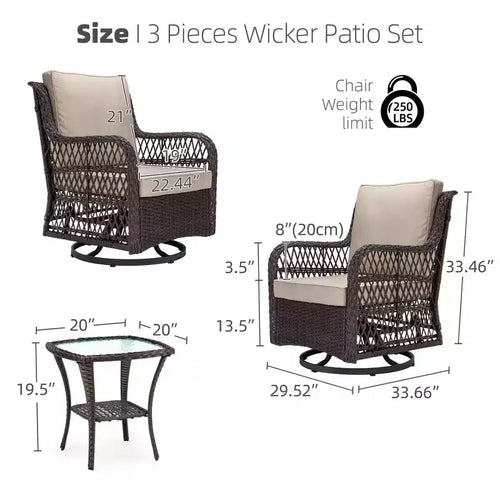 3 Piece Outdoor Bistro Set - All-Weather Wicker Swivel Rocker Chairs with Cushions - Tempered Glass Side Table - Perfect for Garden, Porch, Deck