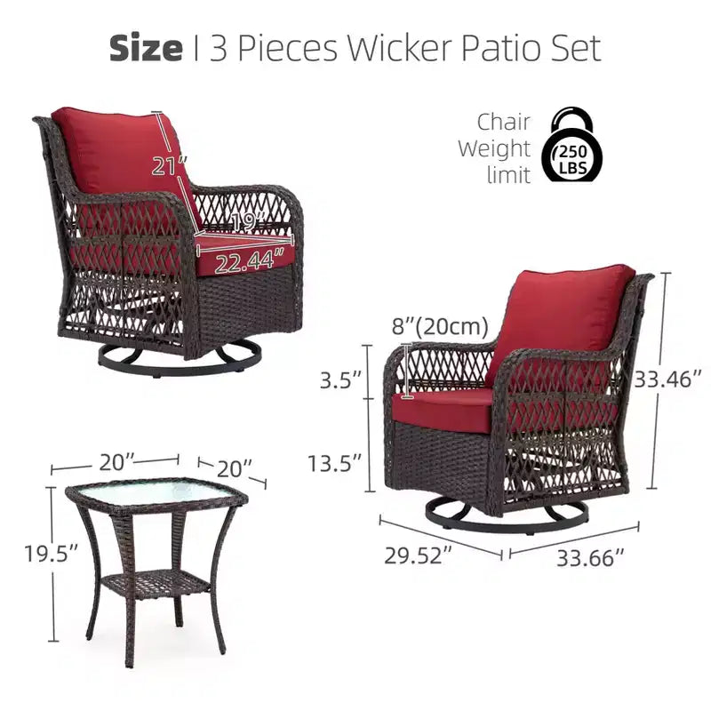 3 Piece Outdoor Bistro Set - All-Weather Wicker Swivel Rocker Chairs with Cushions - Tempered Glass Side Table - Perfect for Garden, Porch, Deck