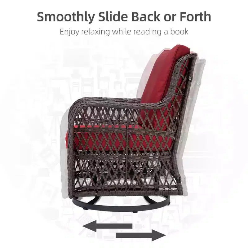 3 Piece Outdoor Bistro Set - All-Weather Wicker Swivel Rocker Chairs with Cushions - Tempered Glass Side Table - Perfect for Garden, Porch, Deck