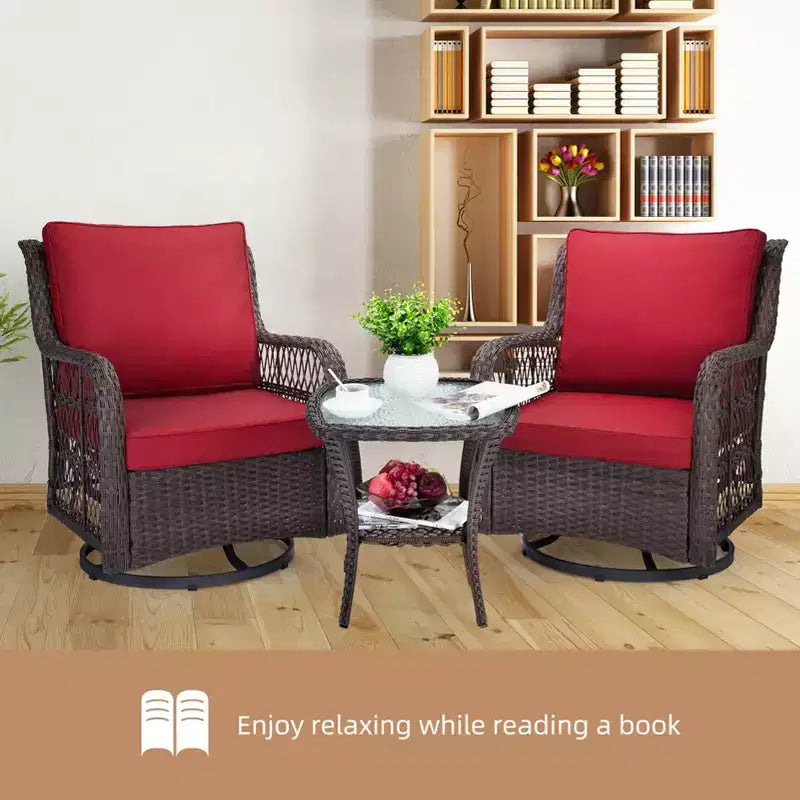 3 Piece Outdoor Bistro Set - All-Weather Wicker Swivel Rocker Chairs with Cushions - Tempered Glass Side Table - Perfect for Garden, Porch, Deck