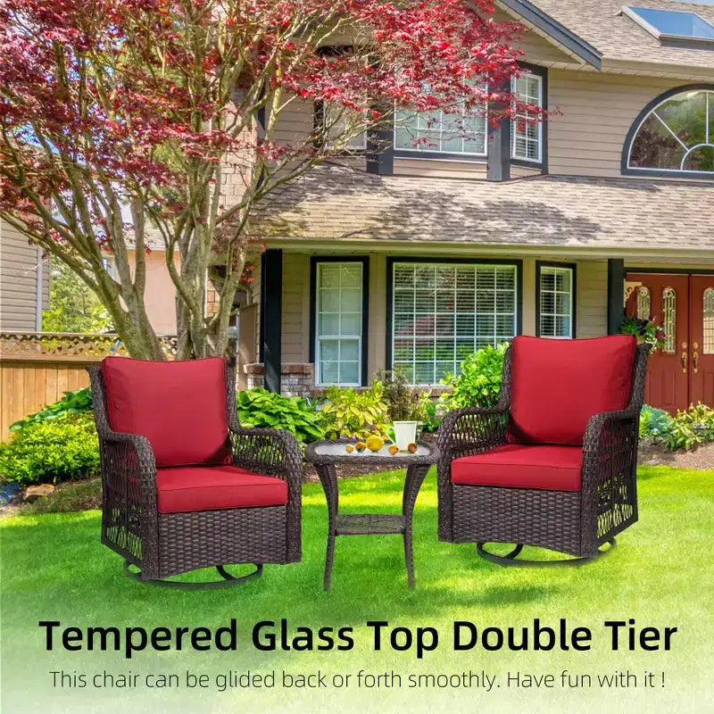 3 Piece Outdoor Bistro Set - All-Weather Wicker Swivel Rocker Chairs with Cushions - Tempered Glass Side Table - Perfect for Garden, Porch, Deck