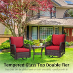 3 Piece Outdoor Bistro Set - All-Weather Wicker Swivel Rocker Chairs with Cushions - Tempered Glass Side Table - Perfect for Garden, Porch, Deck