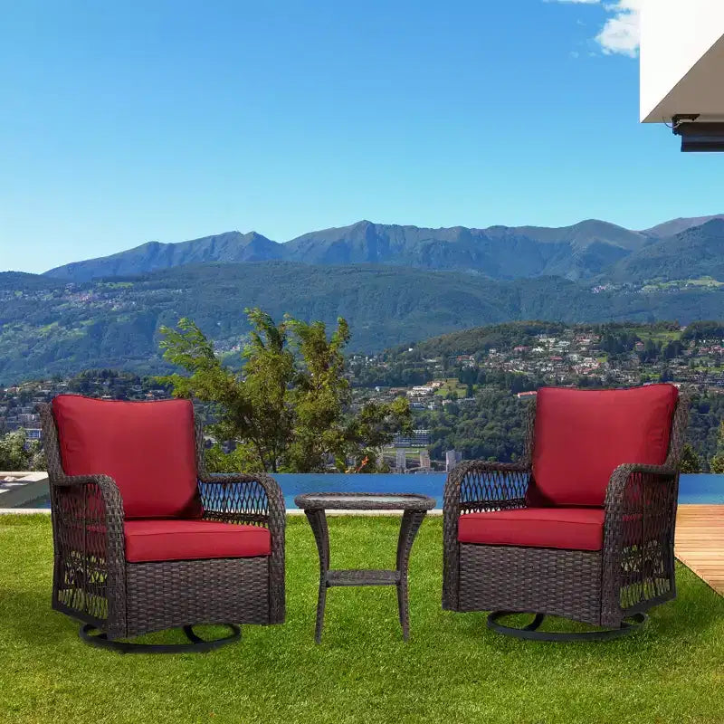 3 Piece Outdoor Bistro Set - All-Weather Wicker Swivel Rocker Chairs with Cushions - Tempered Glass Side Table - Perfect for Garden, Porch, Deck