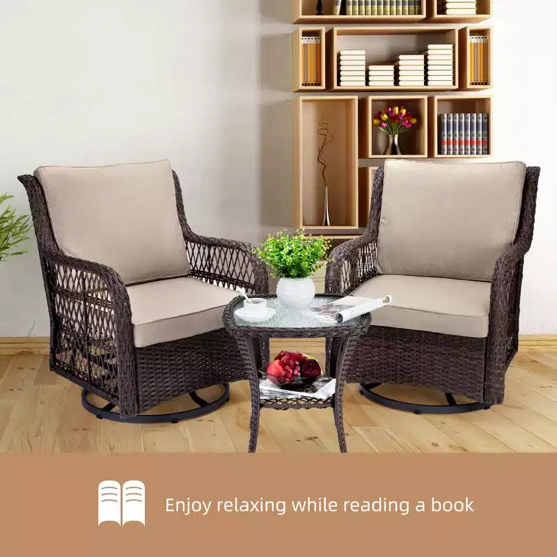 3 Piece Outdoor Bistro Set - All-Weather Wicker Swivel Rocker Chairs with Cushions - Tempered Glass Side Table - Perfect for Garden, Porch, Deck