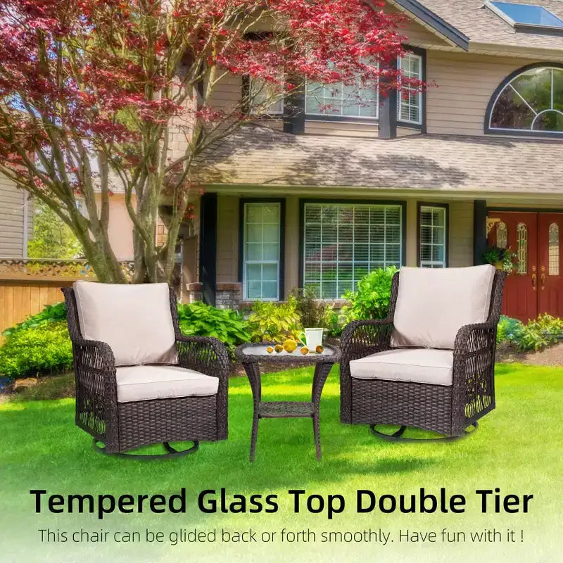 3 Piece Outdoor Bistro Set - All-Weather Wicker Swivel Rocker Chairs with Cushions - Tempered Glass Side Table - Perfect for Garden, Porch, Deck